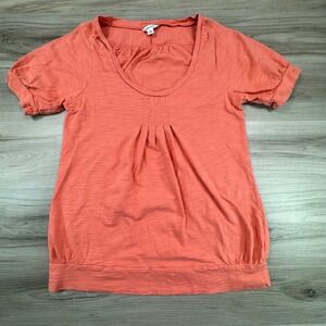 Calvin Klein‎ Womens Coral Orange Slub Knit Pleated Scoop Neck Puff Sleeve Top M